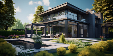 Modern house design project original style lawn seeming Poole high-tech. trees lighte blow sky backgraond.