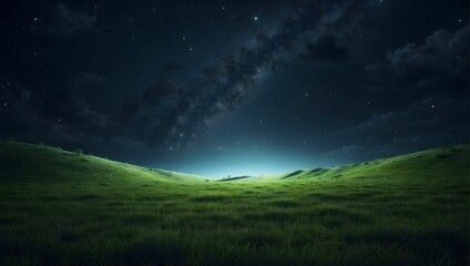 point of view from the ground of a grassy pasture landscape at midnight, realistic, high contrast, 4k, ultra detailed.  generative AI - obrazy, fototapety, plakaty
