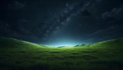 Fototapeten point of view from the ground of a grassy pasture landscape at midnight, realistic, high contrast, 4k, ultra detailed.  generative AI © Zohaib