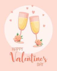 Obraz na płótnie Canvas Postcard for St. Valentine's Day. Glasses with champagne, flowers and hearts. Greeting template, invitation, vector