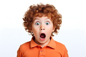portrait with shocked face of a caucasian child boy isolated on white background