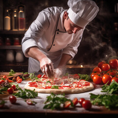 Pizzabäcker am zubereiten einer lecker belegten Pizza