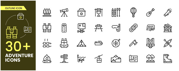 Adventure outline icon set. Containing hike, campfire, snorkeling, climbing, travel and canoeing icons. Outdoor activity concept. Outline icon collection.