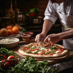 Pizzabäcker am zubereiten einer lecker belegten Pizza