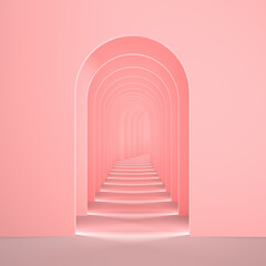 Pink surreal 3d interior render. Abstract arch corridor pastel pink background concept.