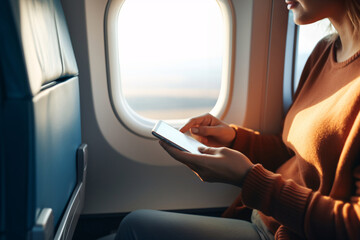 Woman or businesswoman with hand holding smartphone on airplane seat next to airplane window....