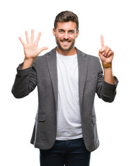 Fototapeta premium Young handsome business man over isolated background showing and pointing up with fingers number six while smiling confident and happy.