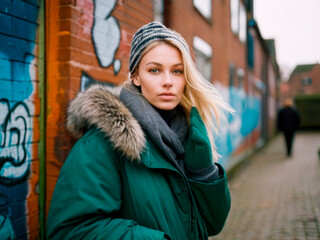 Portrait of a beautiful blonde girl in a green coat and a knitted hat on a background of graffiti