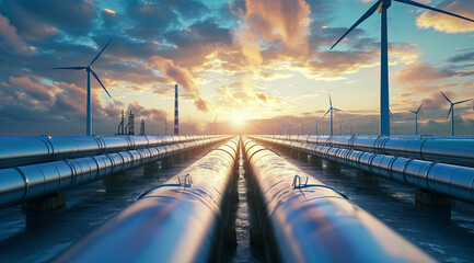 Hydrogen project pipeline bringing clean green ecologic energy - obrazy, fototapety, plakaty