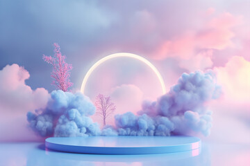 Abstract 3D podium design in blue with cloud motifs, set in a dreamy pastel 