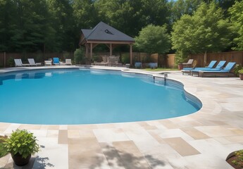 Modern patio next to swimming pool

