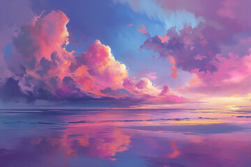 By the sea with rich clouds in pink theme illustration