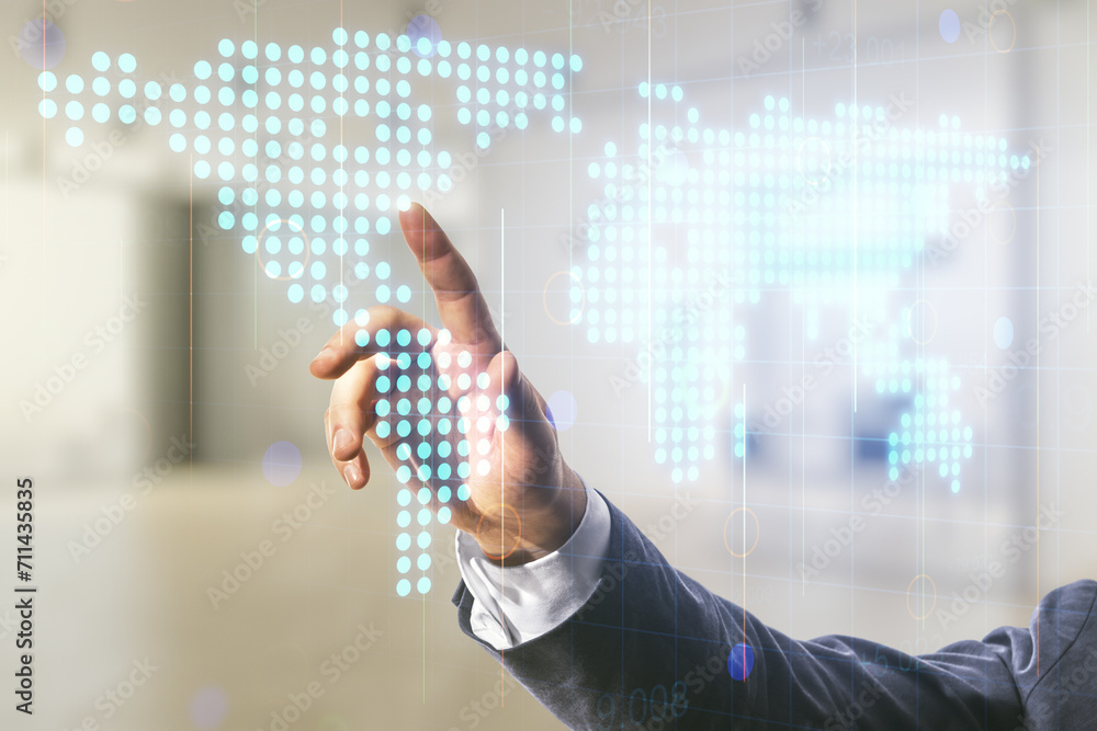Poster multi exposure of businessman hand presses on abstract creative digital world map hologram on blurre
