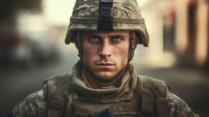 Portrait of American male soldier looking at camera