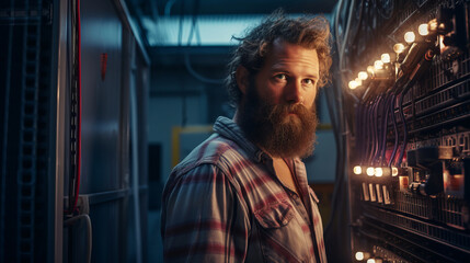 Portrait of an electrician. Bearded person is indoors