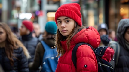 Young Woman in Red Winter Attire on Busy City Street