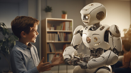 Obraz premium A young boy with a joyous expression communicates with a white educational robot