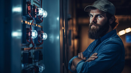 Fototapeta na wymiar Portrait of an electrician. Bearded person is indoors