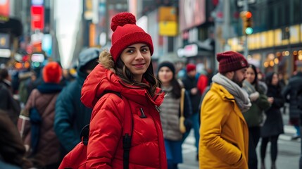 Young Woman in Red Winter Attire on Busy City Street