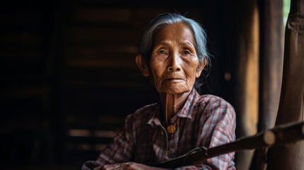 Portrait of an old village woman indoors. Asian Indian ethnicity