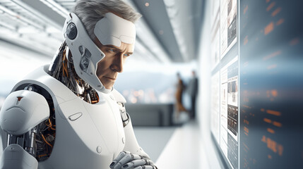 A highly advanced android with a contemplative expression analyzing digital data on interactive screens.