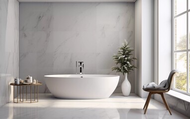 Fototapeta na wymiar realistic photo Stylish bathroom interior design with marble panels. Bathtub, towels and bathroom amenities . generative ai