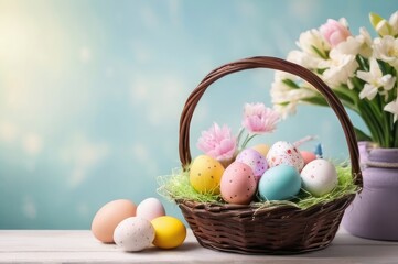 Fototapeta na wymiar Colorful easter eggs in basket with multi colors Happy Easter background, Background with copy space.