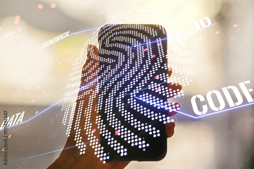Poster multi exposure of abstract creative fingerprint illustration and hand with phone on background, digi