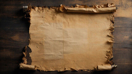 Papyrus sheet, old torn, burnt edges, antique scroll, frame, copy space, wooden background