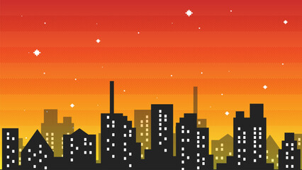 City isolate pixel art background.8 bit game.retro game. for game assets in vector illustrations.Retro Futurism Sci-Fi Background. glowing neon grid.and stars from vintage arcade comp