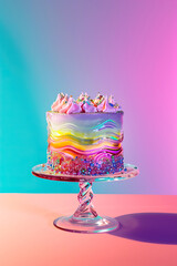 Minimalistic holographic jelly rainbow cake in neon light