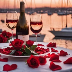 Fotobehang Romantic Valentine`s Day dinner, red decoration with rose petals, violin and wineglasses in a restaurant on sunset at the marina with yachts  © muhammad yaseen