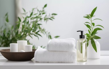 Fototapeta na wymiar realistic photo of cosmetics and towels, with green plants on white table in ceramic bathroom background. generative ai