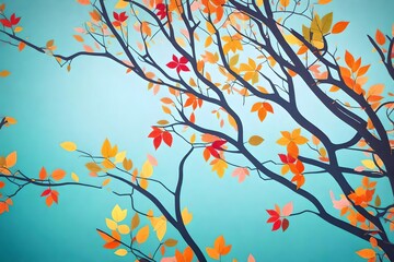 Colorful tree with leaves on hanging branches illustration background. 3d abstraction wallpaper . Floral tree with multicolor leaves white view