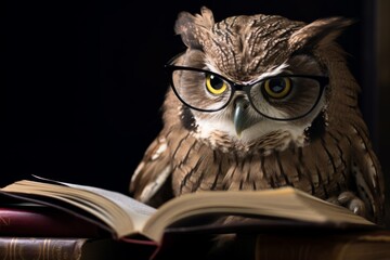A wise owl with glasses is reading a book