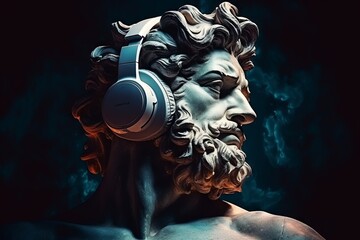 An ancient Greek antique statue listens to music with modern headphones