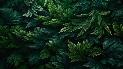 Pattern of green leaves on a black background evokes the natural beauty of nature and the power of growth.