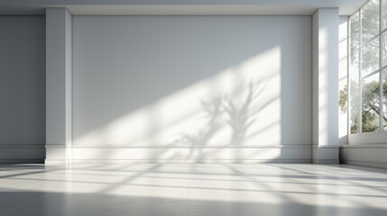 Modern empty room with window and large white plain wall with shadows.