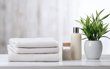 realistic photo of cosmetics and towels, with green plants on white table in ceramic bathroom background. generative ai