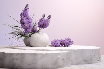 Cosmetics and Skin Care Products Presentation Scene with Lavender Flowers and Pumice Stone Podium, 3D Render, Nature Beauty Concept