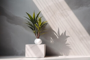 Marble Geometric Decor and Home Plant in Corner with Lighting and Soft Shadow