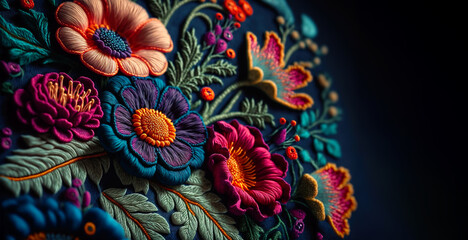 Embroidery floral abstract fantasy design luxury fabric art background latin art.