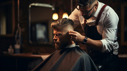 Professional barber is styling hair of his client - Powered by Adobe