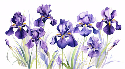 Blue irises on white background. Watercolor illustration in vector format.