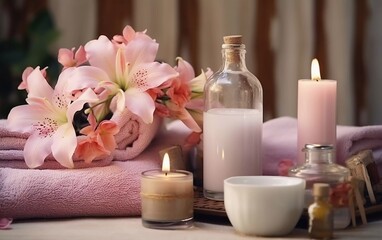 Fototapeta na wymiar realistic photo Body massage brush, flowers, bottles with cosmetic products and towels on the table in the bathroom. generative ai