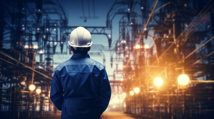 Back view of professional electrical engineer on energy station - obrazy, fototapety, plakaty