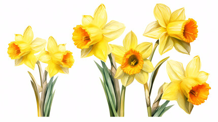 Yellow daffodils isolated on white background. Spring flowers.