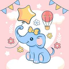 Cartoon baby shower background with a cute elephant with flowers and balloons