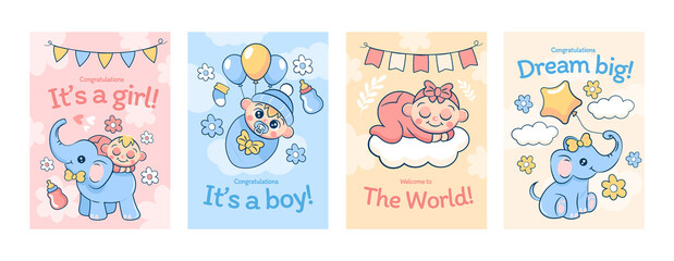 Cartoon baby shower card collection with cute babies and elephants
