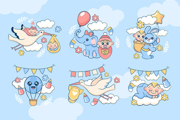 Cartoon baby shower mini illustration with cute babies and storks